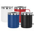A drink bottle featuring a sleek design in white, blue, red, and black, with a silver lid and handle.