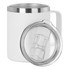 A white travel mug with a stainless steel rim and a clear lid. It features a sturdy handle and a smooth surface.