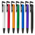 A collection of seven stylus pens in silver, red, orange, green, blue, purple, and black, each with a clip and rubber tip.