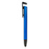 A blue stylus pen with a black clip and tip, featuring a simple design and a smooth finish.