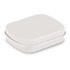 A rectangular mint tin in a sleek white finish with rounded edges. The tin has a lid and features branding.