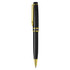 A metal pen in black with gold accents and a clip, features a sleek, polished design.