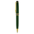 A green metal pen with gold accents and a sleek design, featuring a logo on the body.