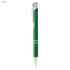 A green metal pen featuring a sleek design with silver accents and a clip, showcasing a logo.