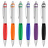 A set of metal pens in six colours: red, orange, green, blue, purple, and black, featuring rubber grips and clips.