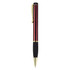 A metal pen in a vibrant red and black design with gold accents, featuring a textured grip and clip.