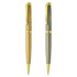 Two metal pens, one gold and the other olive green, featuring a branding logo on the side.