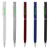 Five metal pens in silver, grey, burgundy, blue, and black, each featuring a logo.