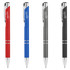 A collection of metal pens in red, blue, grey, and silver, each with a logo and a modern design.