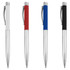 A set of four metal pens in white, red, blue, and black, featuring a textured grip and a silver clip.