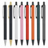 A collection of metal pens in various colours: black, white, pink, red, orange, teal, and grey. Each pen has a clip and a logo.
