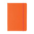 An orange A5 PU notebook with a pink elastic band closure and a smooth finish. It features a logo on the cover.