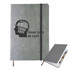 A5 textured grey PU notebook with an elastic closure and a pen, featuring a logo on the cover.