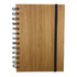 A bamboo notebook with a spiral binding and a black elastic band, featuring a natural wood finish.