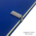 A blue notebook with a magnetic metal flip closure, featuring a sleek design and a logo on the cover.