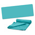 A cooling towel in turquoise, rolled up and laid out flat, featuring a logo on the side.