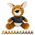 A brown kangaroo plush toy with a grey shirt, featuring large ears and a friendly expression. The image includes variations in colours.