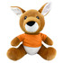 A plush toy kangaroo in brown with an orange shirt and white belly, featuring large ears and a friendly expression.