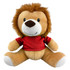 A brown and tan lion plush toy wearing a red shirt, with a smiling face and fluffy mane. It has a logo on it.