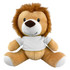 A plush lion toy with a brown mane and a white shirt, featuring a friendly smile and soft body.
