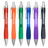 A set of six plastic pens in orange, green, blue, purple, and black with a logo on each.