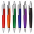 A collection of plastic pens in various colours including red, orange, green, blue, purple, and black, each with a silver accent.