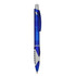A blue plastic pen with a grip section and a clip, featuring a logo on the side.