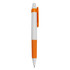 A plastic pen with a white and orange design, featuring a clip and a silver tip. It has a logo on the barrel.