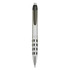 A silver plastic pen with a black grip and a logo on the barrel.