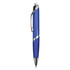 A blue plastic pen with a silver clip and trim, featuring a sleek design. It has a branding logo on the barrel.