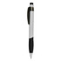 A plastic pen in white and black, featuring a secure clip and textured grip. It has a logo on the barrel.