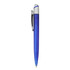 A blue plastic pen with a silver clip and a transparent barrel, featuring a logo on the side.