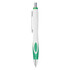 A plastic pen in white with green accents and a silver clip, featuring a logo on the body.