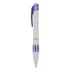 A plastic pen in white with purple accents and a logo. It features a click mechanism and grip sections.