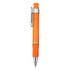 An orange plastic pen with a silver clip and a rubber grip. The pen features a transparent barrel.