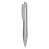 A silver plastic pen featuring a clip and grip, with a logo on its side.