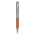 A plastic pen featuring an orange grip and silver accents, with a logo on the barrel.