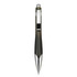 A plastic pen in black with silver accents and a clip, featuring a sleek design and a branding logo.