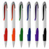 A collection of six plastic pens in orange, green, blue, purple, and black, each with a white body and a logo.