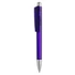 A purple plastic pen with a silver tip and a clip, featuring a logo on its body.