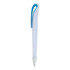 A plastic pen in white with a blue accent and silver tip, featuring a unique design and a clip.