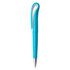 A plastic pen in a bright blue colour with a unique clip design. It features a logo on the barrel.