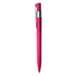 A plastic pen in bright pink with a silver clip and tip, featuring a logo.