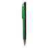 A metallic green pen with a sleek design and a clip. The pen features a shiny finish and has a branding logo.