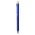 A blue plastic pen with a white clip and a transparent barrel featuring a logo.