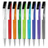 A collection of plastic pens in red, orange, green, blue, purple, and clear, featuring chrome accents and a logo.