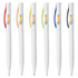 A collection of six plastic pens in white, featuring coloured clips: red, orange, yellow, green, blue, and black. Each pen has a logo.