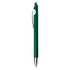 A green plastic pen with a silver clip and a sleek design. It features a logo on the barrel.