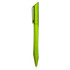 A green plastic pen with a sleek design and a clip on the side, featuring a smooth writing tip.