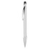 A plastic pen in white with silver accents, featuring a clip and a logo.